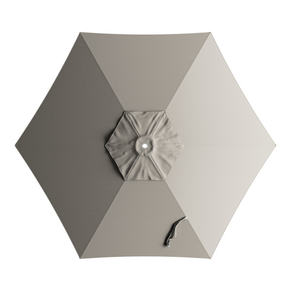 A gray Lancaster Table & Seating umbrella canopy with a hole in the center.