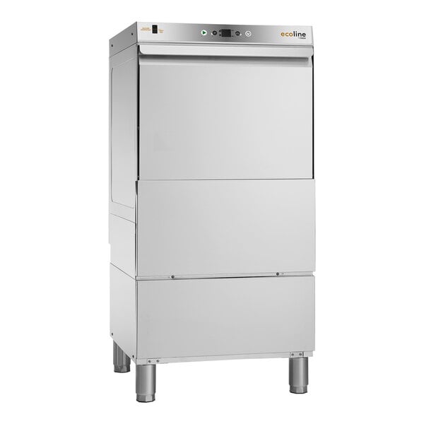 A stainless steel Ecoline by Hobart undercounter dishwasher with a black button on top.