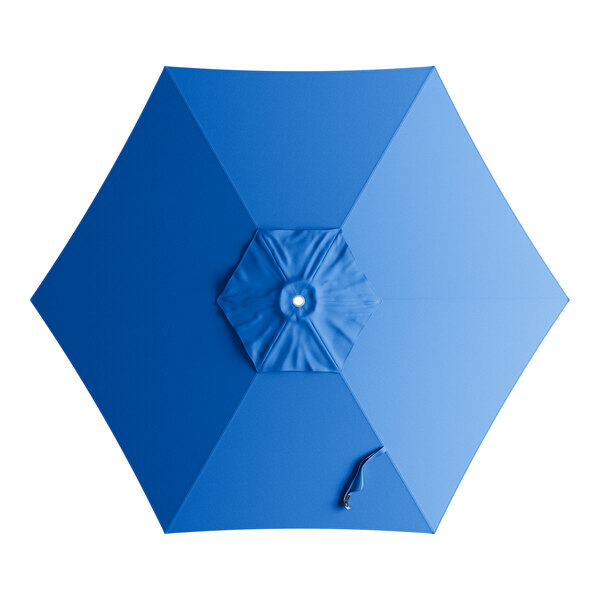 A blue Lancaster Table & Seating umbrella canopy for a push lift umbrella with a handle.