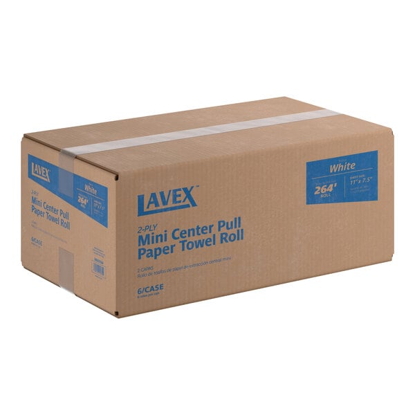A cardboard case of Lavex 2-ply white mini center pull paper towel rolls, containing six rolls per case.