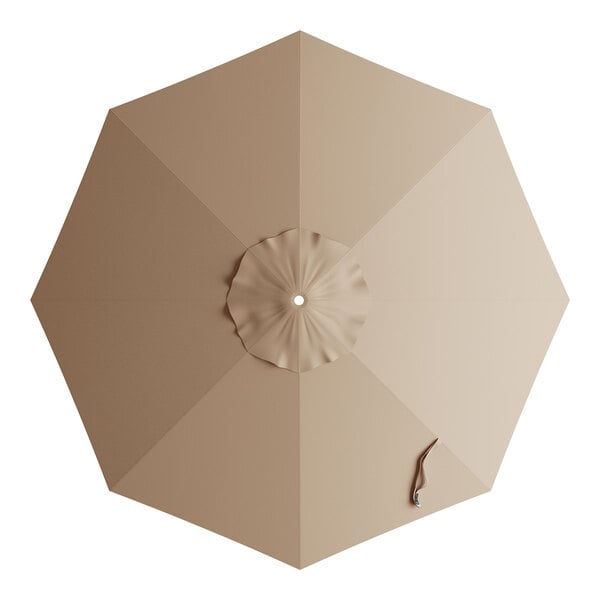 A top view of a nutmeg Lancaster Table & Seating umbrella with a brown handle.