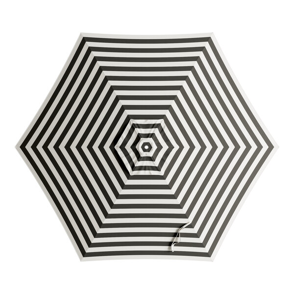 A Lancaster Table & Seating black and white striped canopy for an outdoor umbrella with a handle.