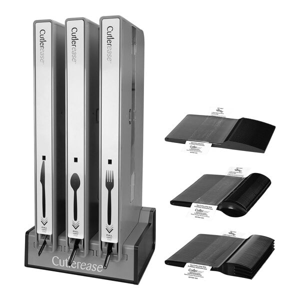A black Cutlerease Dispenser Kit on a white rectangular counter.