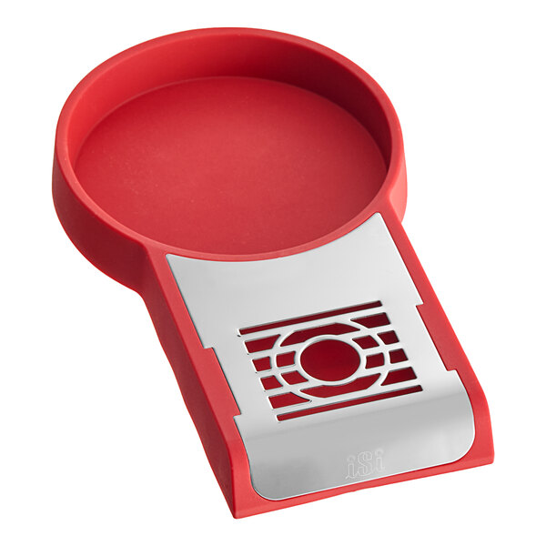 A red and white plastic drip tray with a silver metal iSi lid.