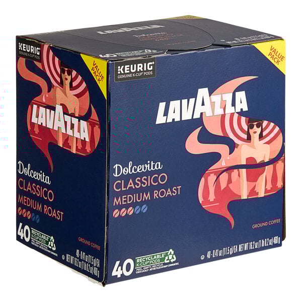A box of Lavazza Classico medium roast coffee single serve Keurig K-Cup pods containing 40 pods.