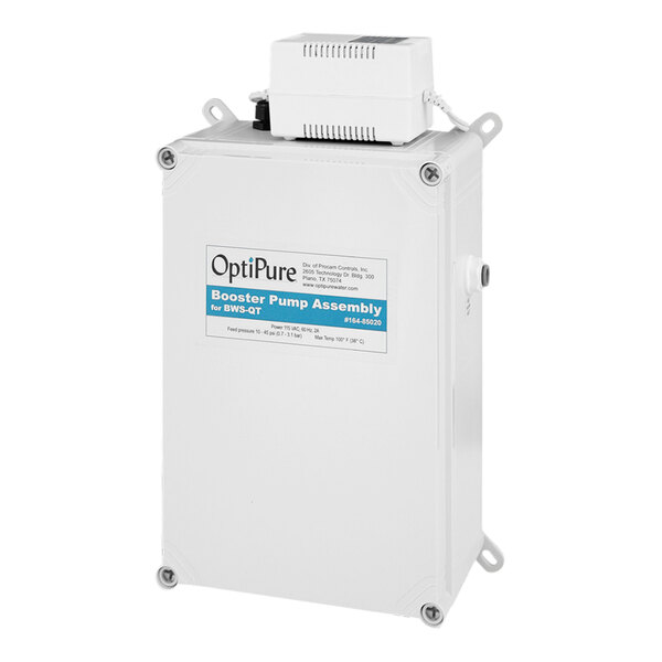 A white rectangular box with a blue label for the OptiPure BPS-QT Feed Water Booster Pump System.