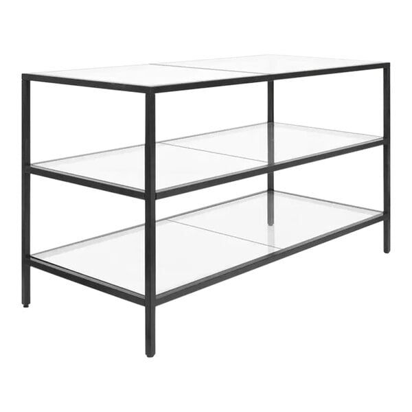 A bronze metal 3-shelf nesting table with glass shelves.