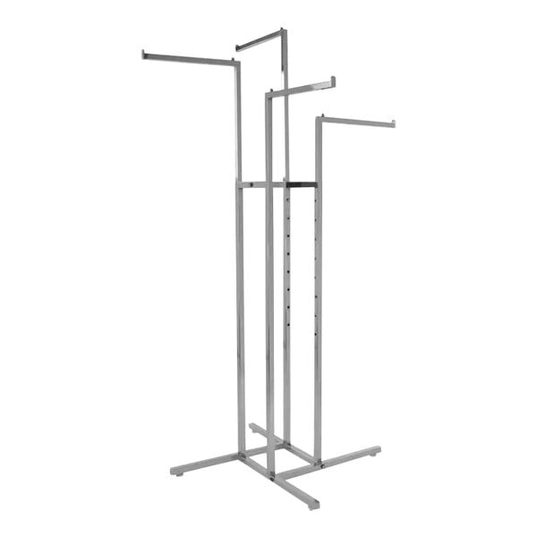 A chrome metal Econoco garment rack with four straight arms.