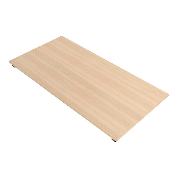 A wooden base shelf for a clothing rack.