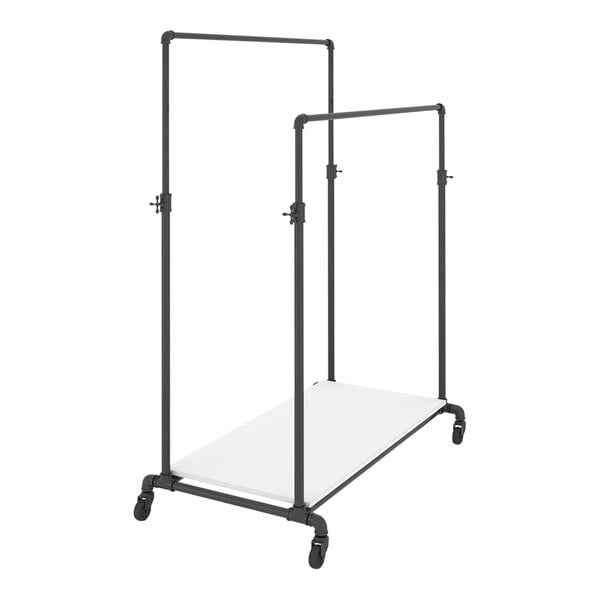 An anthracite gray and white Econoco Pipeline ballet garment rack with double hangrails.