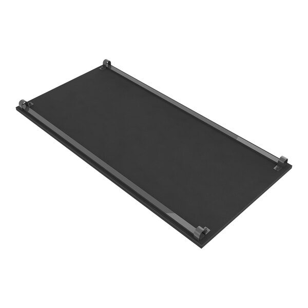 A black rectangular melamine shelf with metal corners.