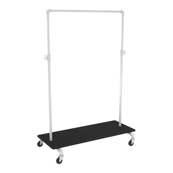 An Econoco white metal ballet garment rack with black base.