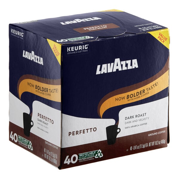 A box of Lavazza Perfetto dark roast coffee single serve Keurig K-Cup pods containing 40 pods.