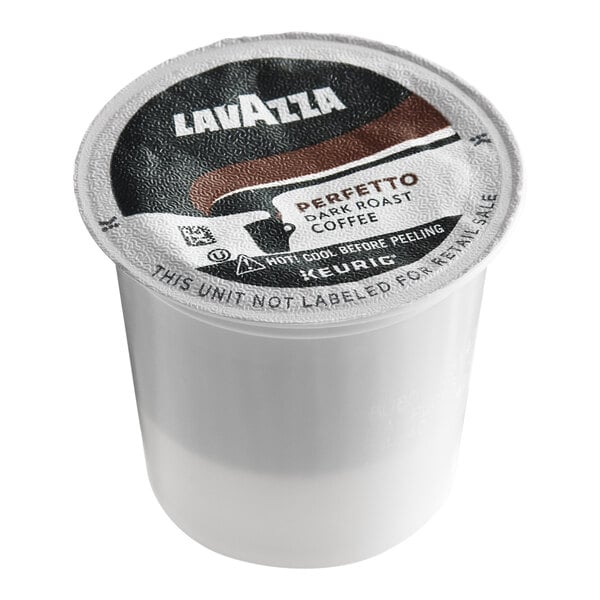A single-serve Lavazza Perfetto dark roast coffee pod compatible with Keurig machines.