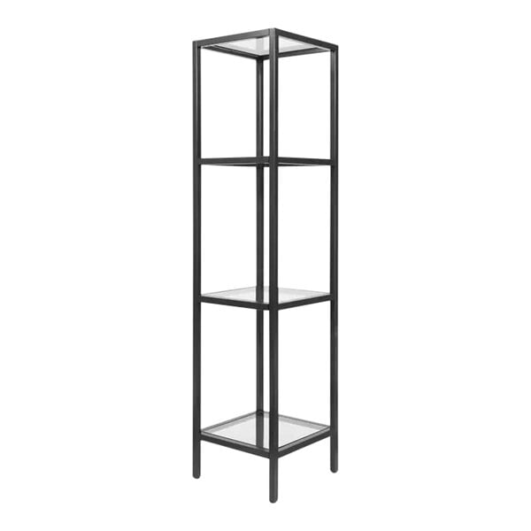 A bronze metal shelf with glass shelves.