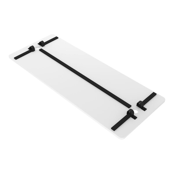 A white rectangular melamine shelf with black straps.