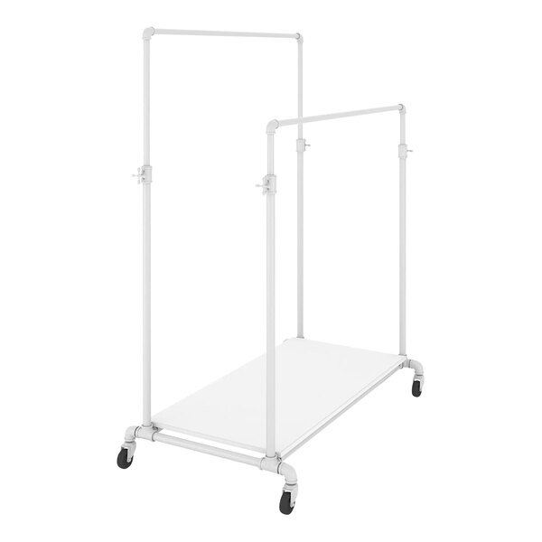 A white metal Econoco ballet garment rack with white wheels.