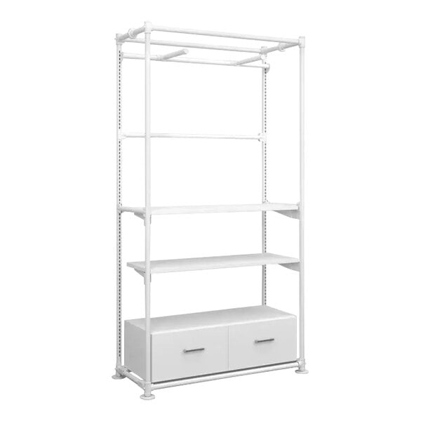 A white metal Econoco shelving unit with drawers.