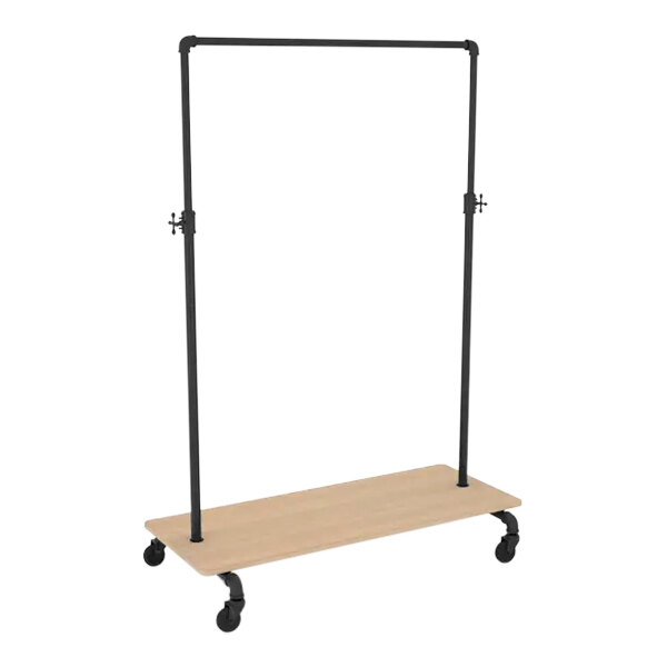 An anthracite gray metal and wood clothing rack on wheels.