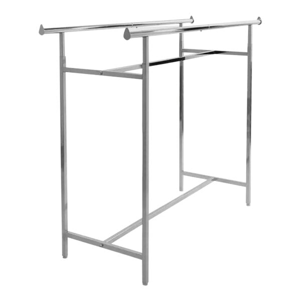 A chrome metal Econoco double-bar garment rack.