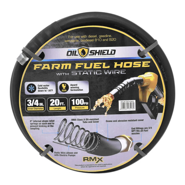 A BluBird OilShield fuel transfer hose with black and yellow text.