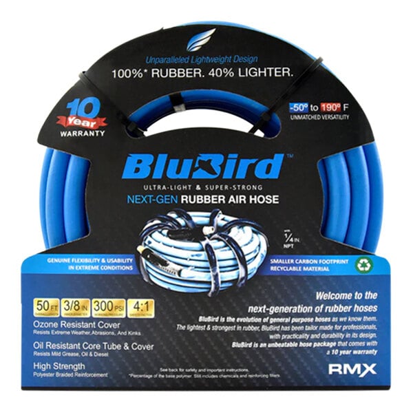 A blue and black package with a blue BluBird air hose with a white stripe.