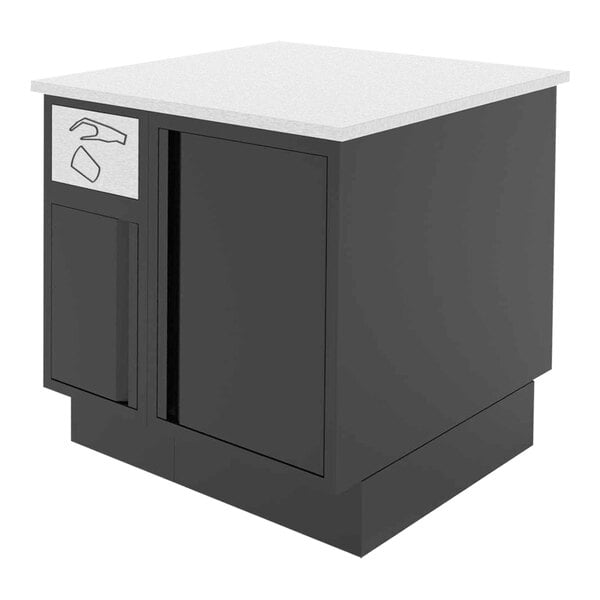 A black rectangular cabinet with black doors and a white countertop.