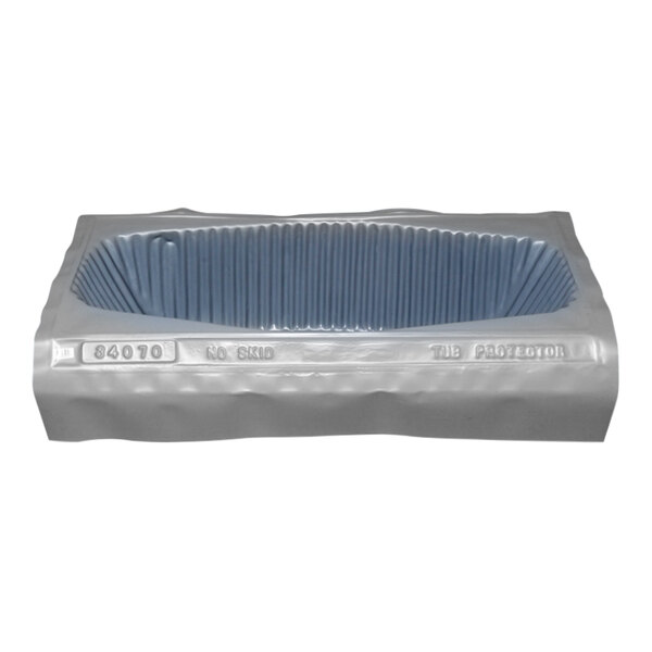 A white plastic Oatey bath tub protector with blue stripes.