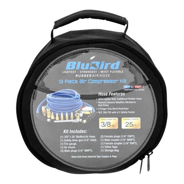 A black bag with the BluBird logo and text, containing a blue BluBird rubber air hose.