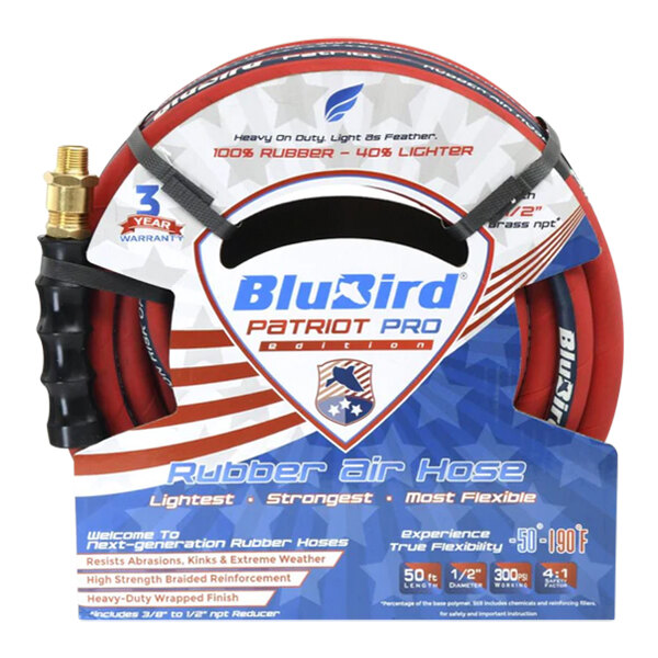 A close up of a BluBird Patriot Pro rubber air hose with blue and black writing on it.