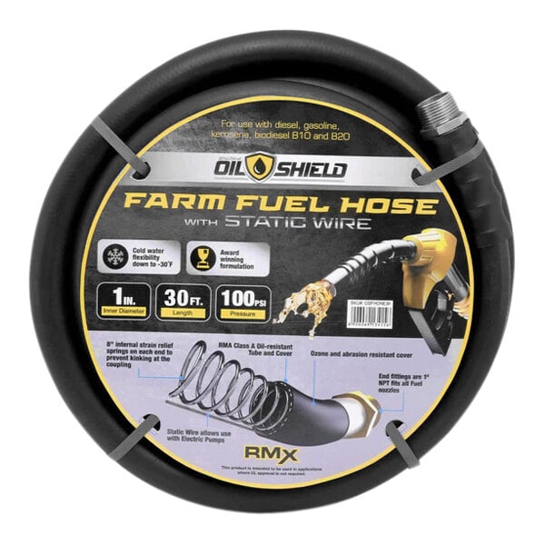 A BluBird OilShield Next-Gen fuel transfer hose with a yellow label.