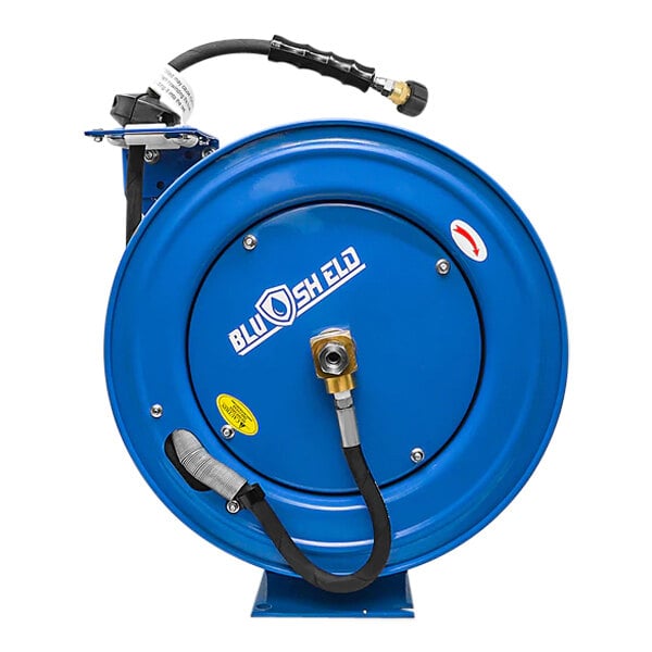 A blue BluBird hose reel with a black rubber hose.