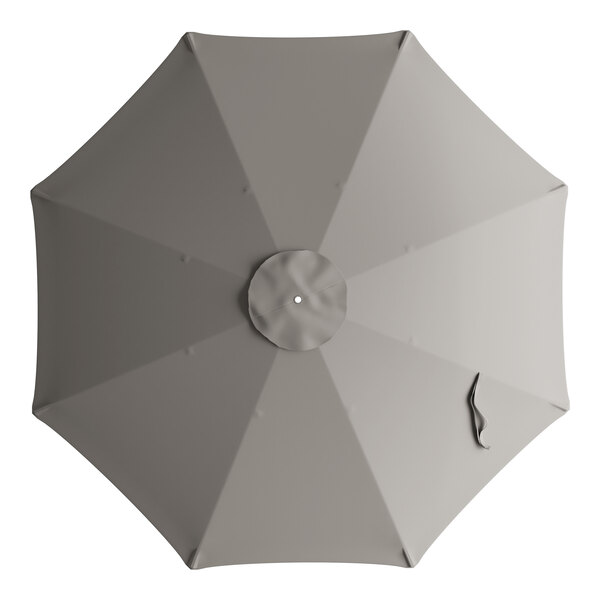 A top view of a grey Lancaster Table & Seating round umbrella canopy with a rubber band.