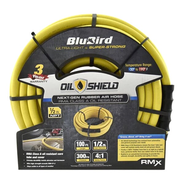 A yellow BluBird OilShield air hose wrapped in black rubber band.