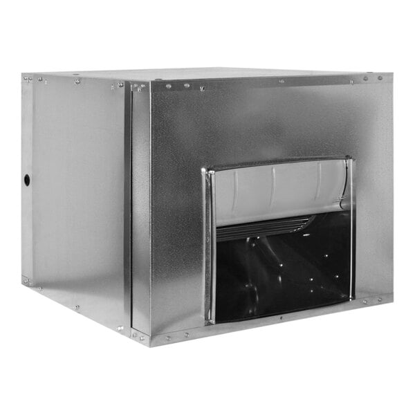 A silver metal box with a black lid and a hole.