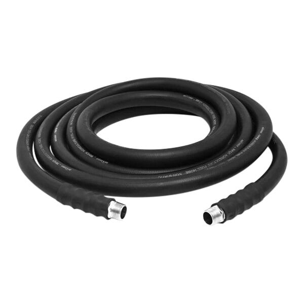 A black BluBird OilShield fuel transfer hose with metal connectors.