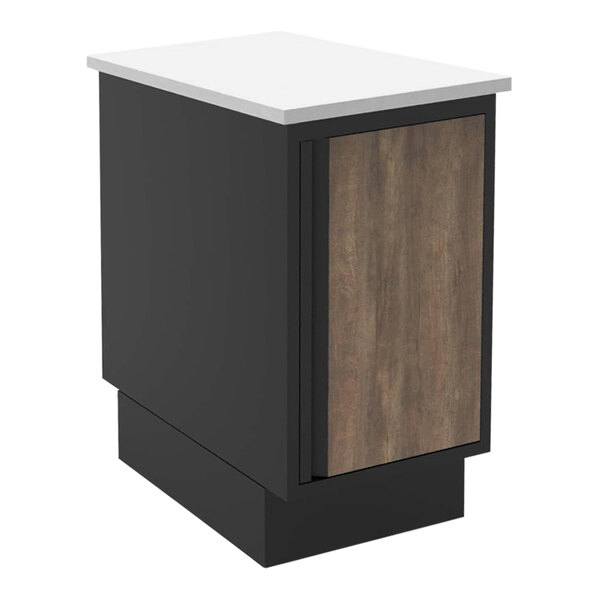 A small black cabinet with a wooden door.