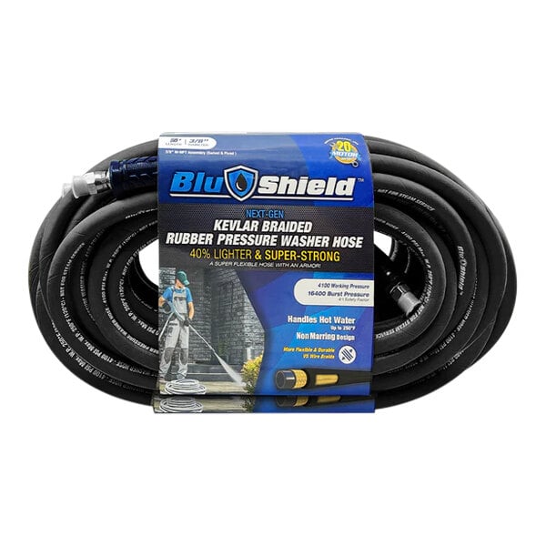 A BluBird black rubber pressure washer hose with blue and white packaging.