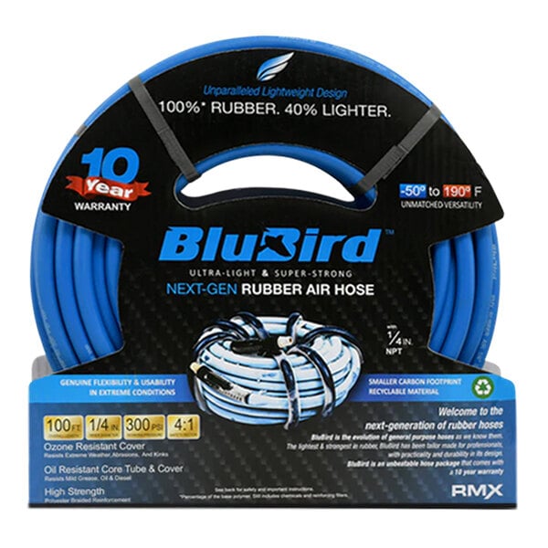 A close-up of a blue BluBird rubber air hose in a black and blue package.