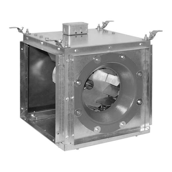 A metal Canarm direct drive square inline blower with a metal housing.