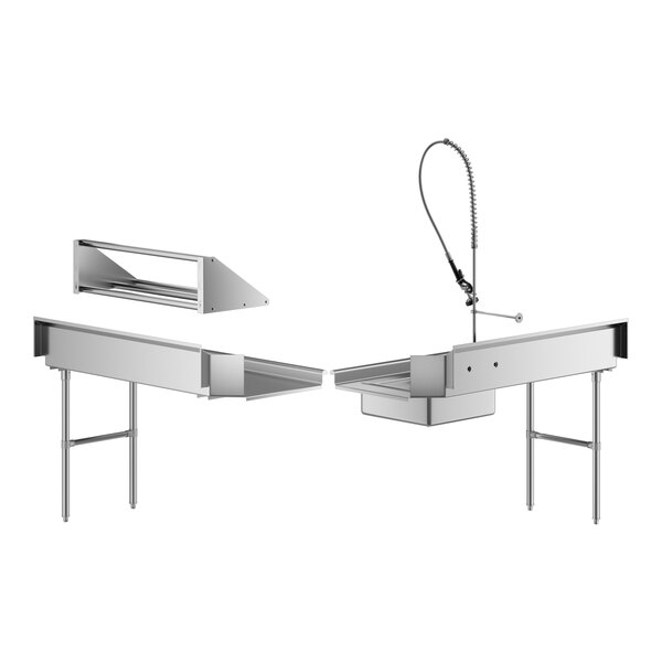 A Regency dishtable with a pair of stainless steel sinks and a faucet on a metal shelf.