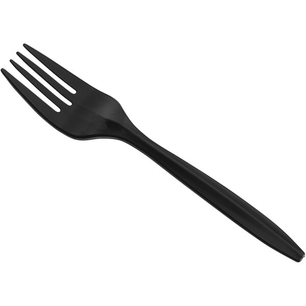 A case of Remcoda black plastic forks with a black plastic fork on a white background.