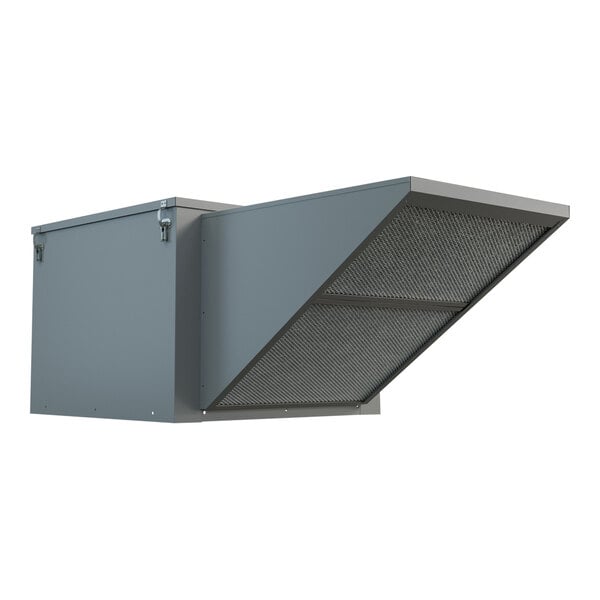 A grey metal box with a green metal vent cover.