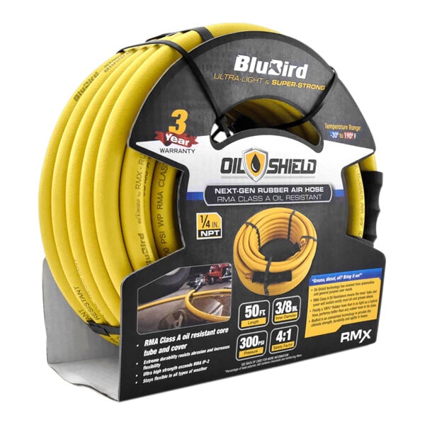 A yellow BluBird OilShield air hose wrapped in a roll.