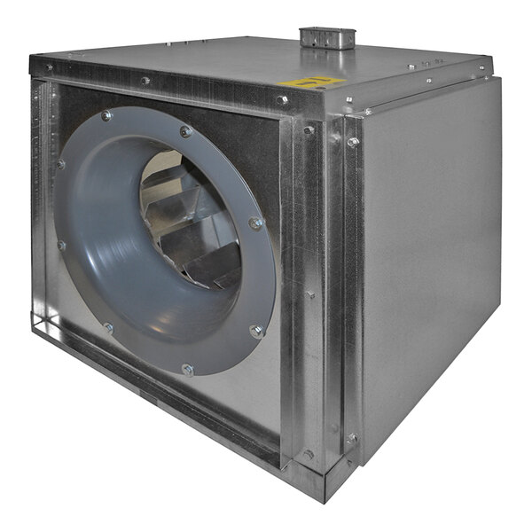 A metal box-shaped inline blower with a circular intake and visible fan blades inside.
