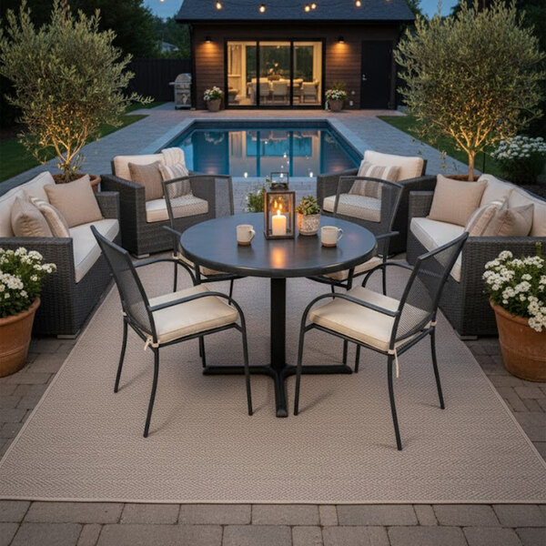 A black steel mesh outdoor chair with a white cushion, placed on a patio near a round table.