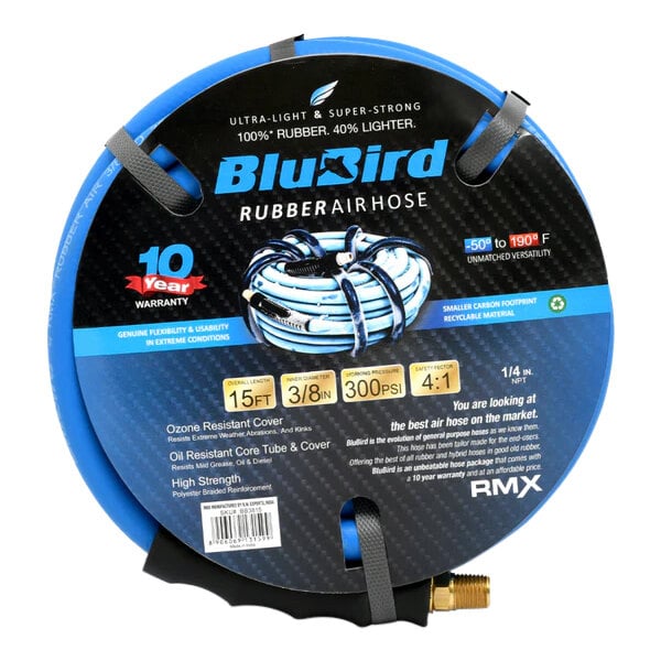 A close-up of a blue BluBird rubber air hose.