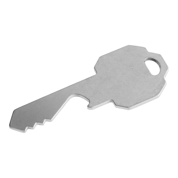A stainless steel bottle opener shaped like a silver key.