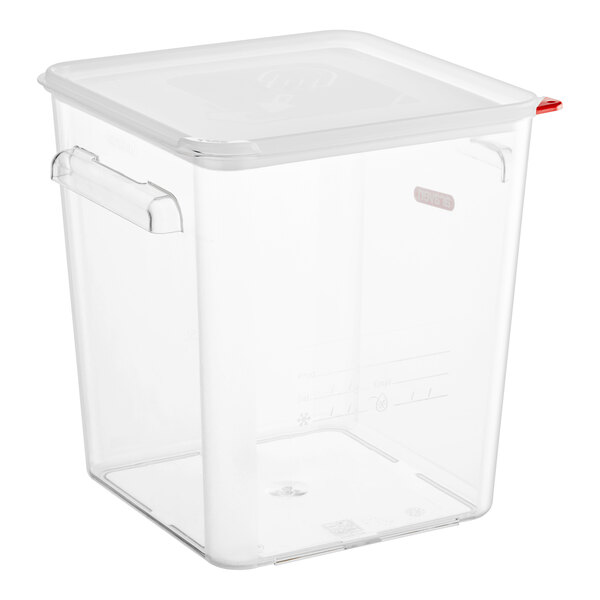 An Araven clear plastic food storage container with a red lid.