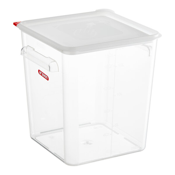 An Araven clear plastic food storage container with a red lid.